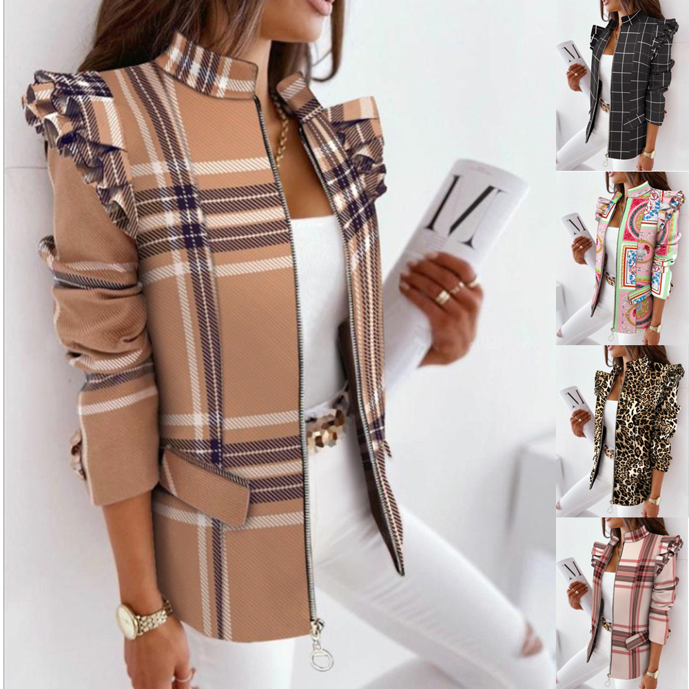 Amazon AliExpress Autumn and Winter New Plaid Leopard Print Zipper Ruffled Shoulder Coat Women