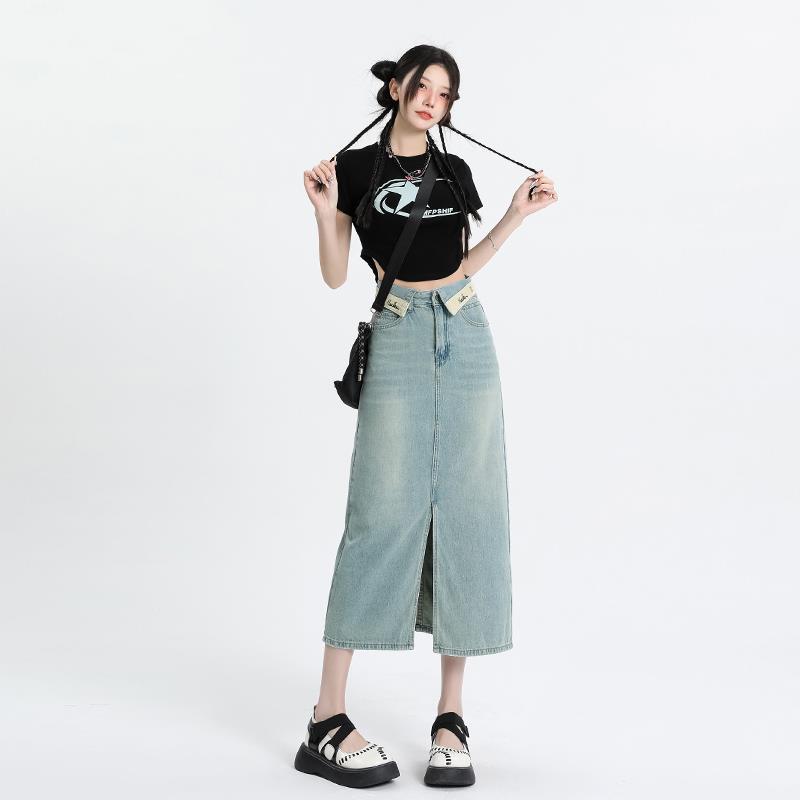 Collar Turn-Off Letter Embroidered Denim Skirt Women's Summer New Front Split Slim Denim Skirt