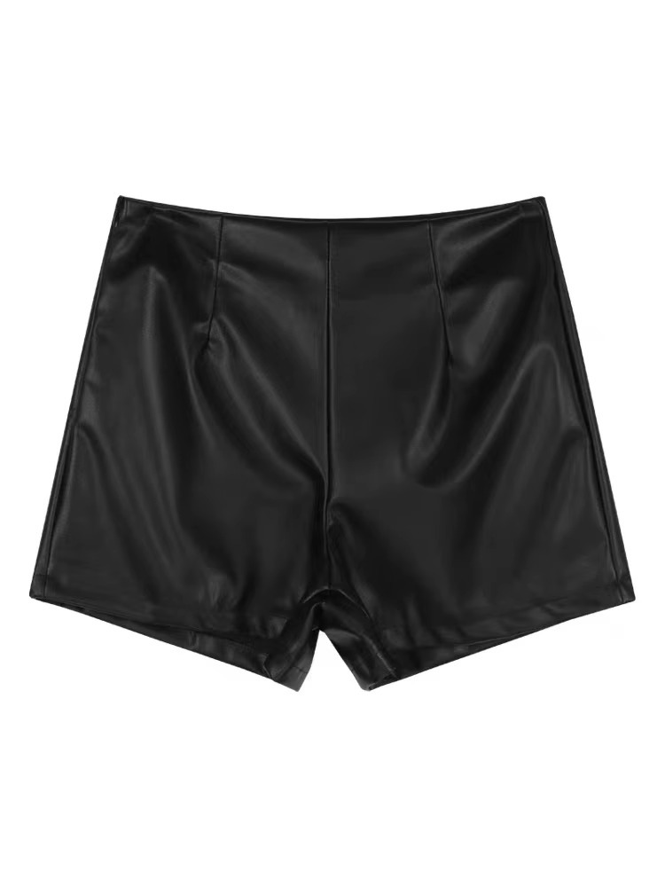 Picture of 2023 autumn and winter new pu leather shorts women's black small leather pants high waist slimming a-line pants fashion outwear pants