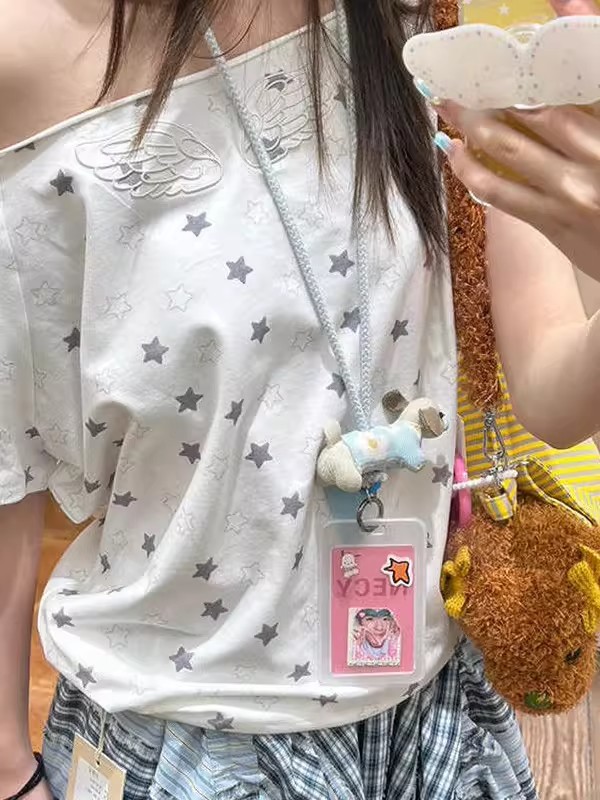 Design sense stars full print wings print off-the-shoulder short-sleeved T-shirt women's summer new loose casual top trendy ins