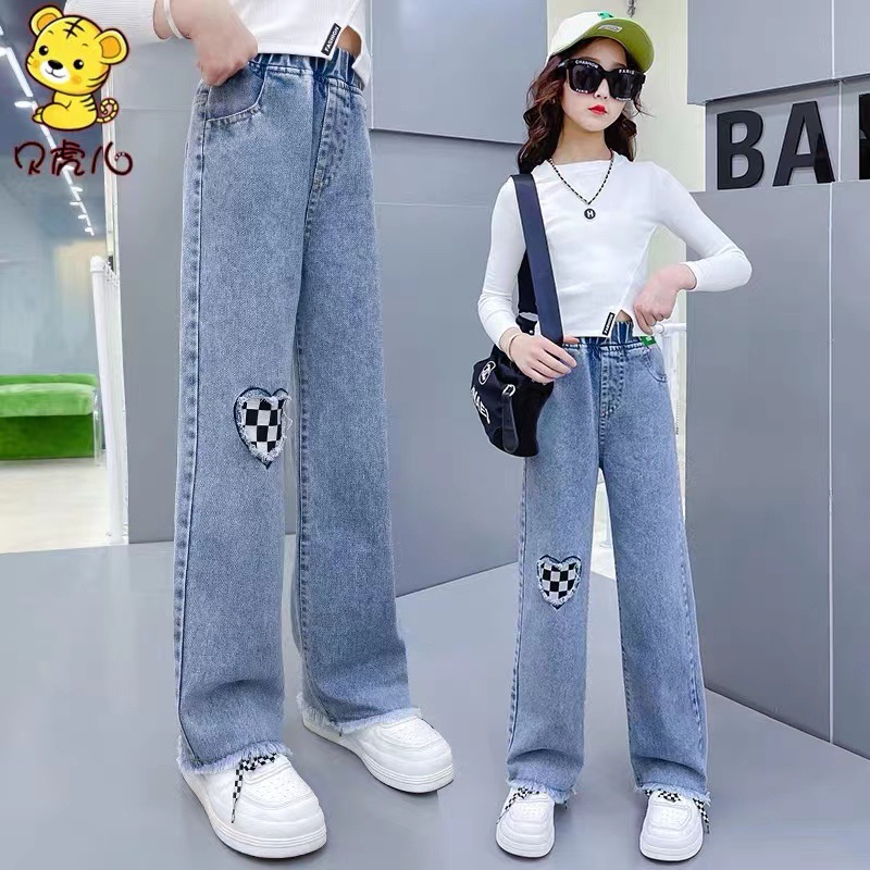 Girls' Denim Wide Leg Pants 2024 New Spring and Autumn Fashionable Thin Casual Girls' Children's Large Children's Loose Pants