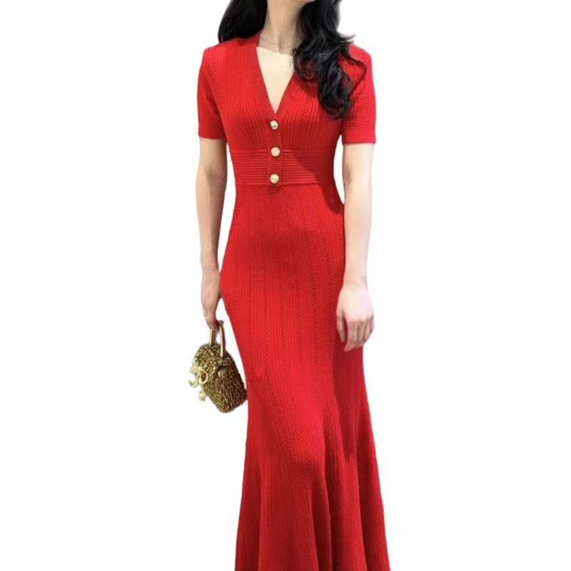 In-Stock Cross-Border Trade Socialite V-Neck Short-Sleeve Knit Dress, Elegant Hollow-Out Fishtail Dress, Waist-Cinching Slimming Dress
