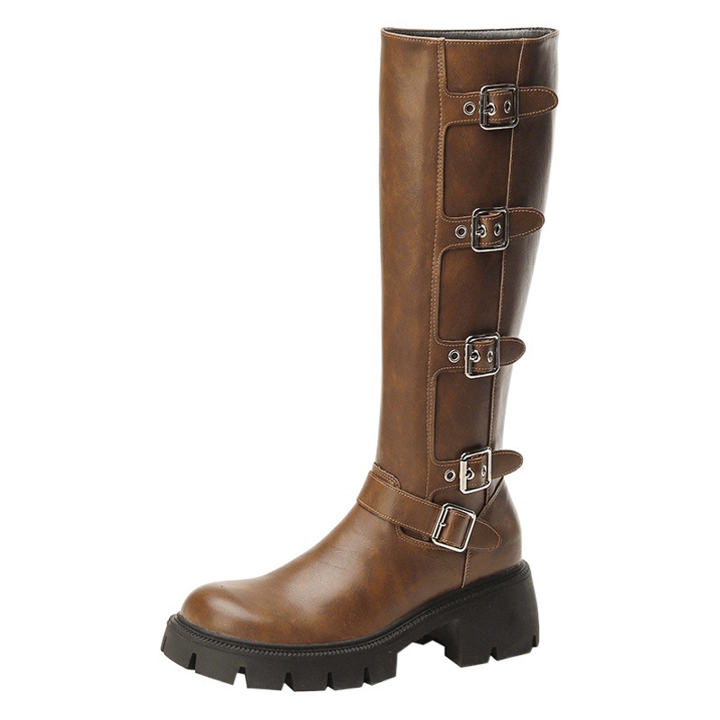 Knight boots 2024 autumn and winter new fleece-lined western Denim vintage belt buckle boots thick heel high boots