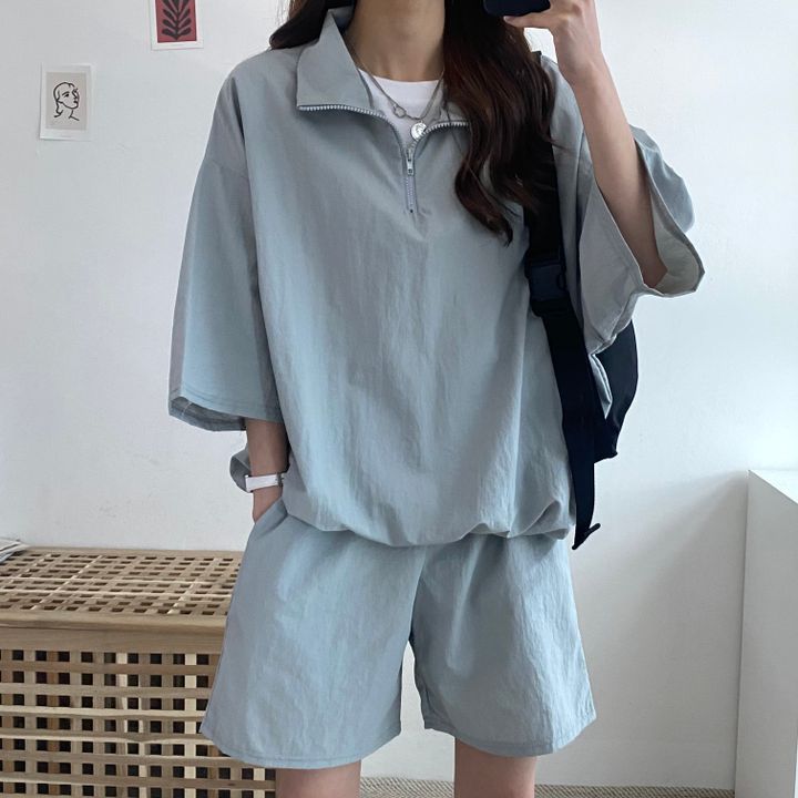 Picture of Short-sleeved shorts women's two-piece set plus size high collar zipper spring and summer fashion casual sportswear suit loose