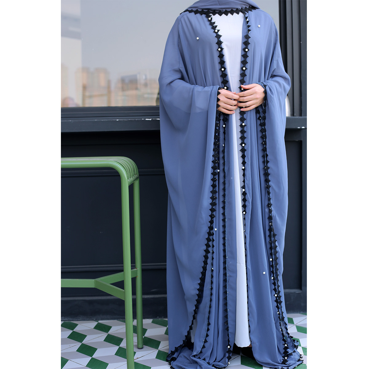 European and American muslim Trendy Lace Stitching Beads Loose Lace Long Sleeve Cardigan Women's 1653