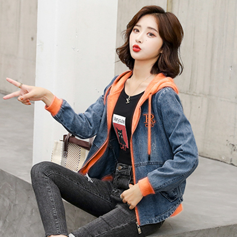 Hooded Long-Sleeved Embroidered Contrasting Denim Short Outwear for Women 2025 New Spring & Fall Slim Jacket Baseball Uniform