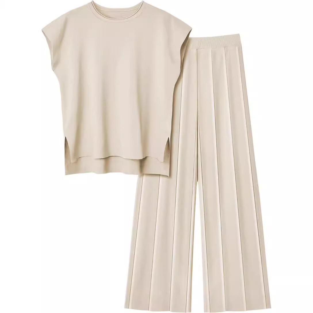 Yamao Women's Knitted Casual Suit Sleeveless Vest Knitwear + Wide Leg Pants Two-Piece Set