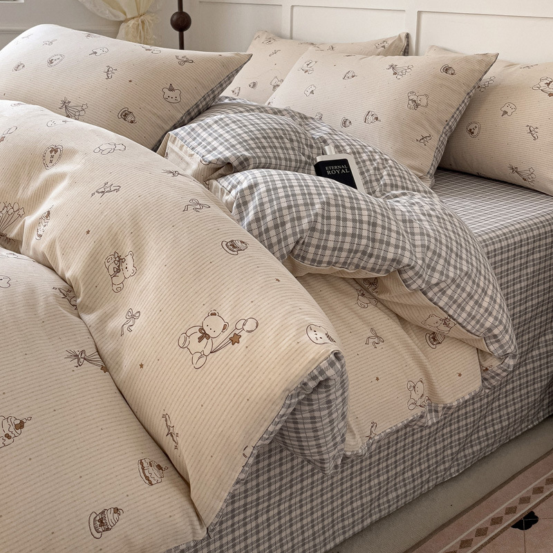 2025 Spring and Summer New Cotton Four-piece Set Fresh Cotton Bed Sheet Quilt Cover Student Cartoon Dormitory Three-piece Set