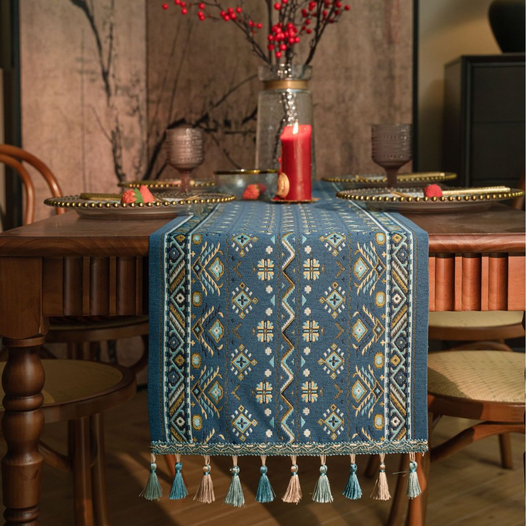 Imanqi Rhyme American Long Table Runner Blue Diamond Striped Jacquard Tea Flag TV Cabinet Dining Table Wedding Decoration