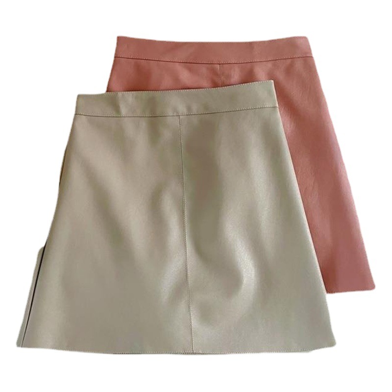 Green PU leather short skirt for women autumn and winter high waist slimming a-Line hip skirt small fashionable temperament one-step skirt