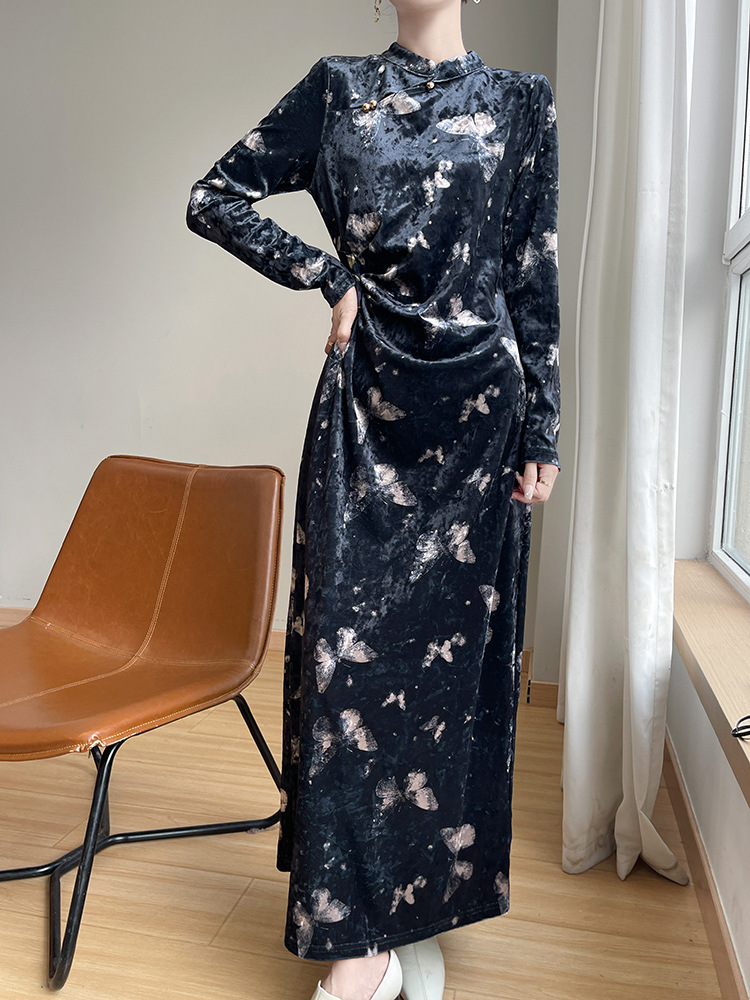 2024 New Chinese High-end Velvet Cheongsam Ladies National Style Elegant dress Noble Gold Velvet Printed Skirt