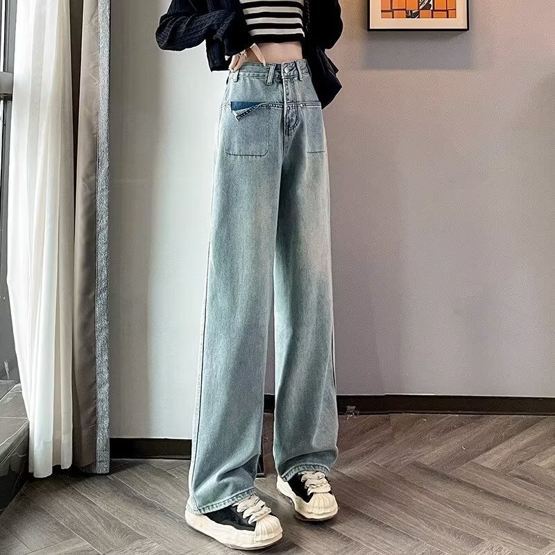 light blue Nostalgic Washed Jeans Women's Summer 2024 New High Waist Loose All-match Wide Leg Trendy Trendy Trousers