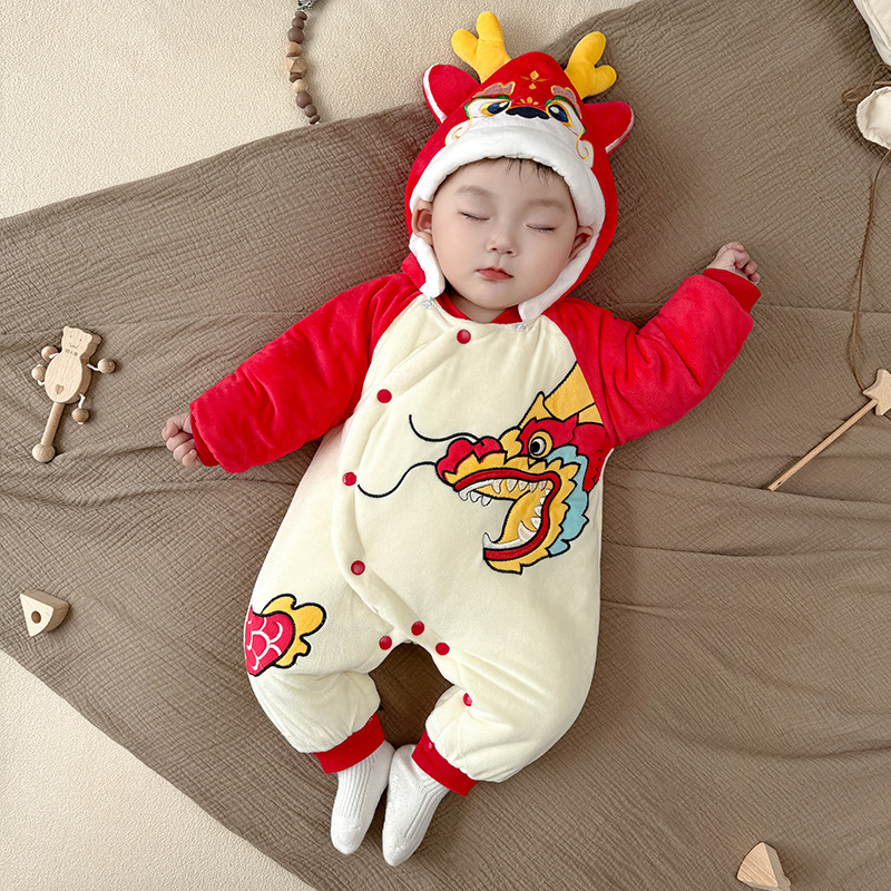 Picture of Baby Autumn and Winter Clothes, Newborn Winter Quilted Fleece-Lined Thickeneded Warm Year of the Snake Baby Jumpsuit Winter Cotton Clothing