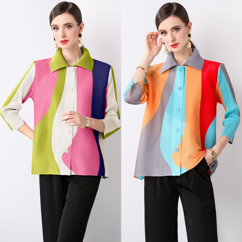 Miyake Spring and Autumn Korean-style Loose All-match Lapel Single-breasted Long-sleeved Shirt Design Sense Printed Niche Pleated Top