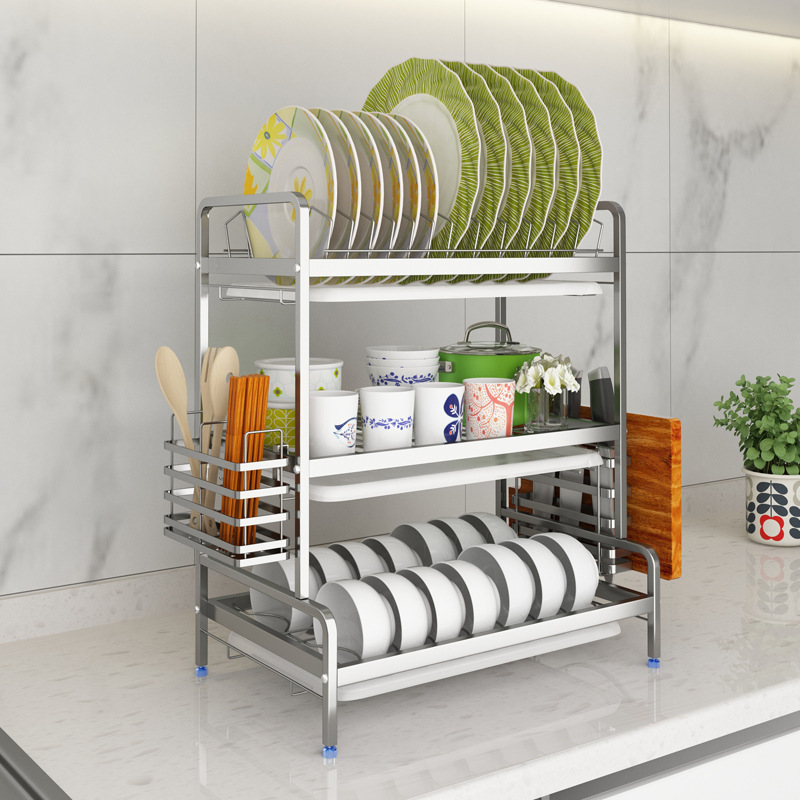 Picture of 201 Stainless Steel Kitchen Dish Rack Drain Rack Tableware Storage Rack Household Multi-Functional Countertop Cupboard Rack