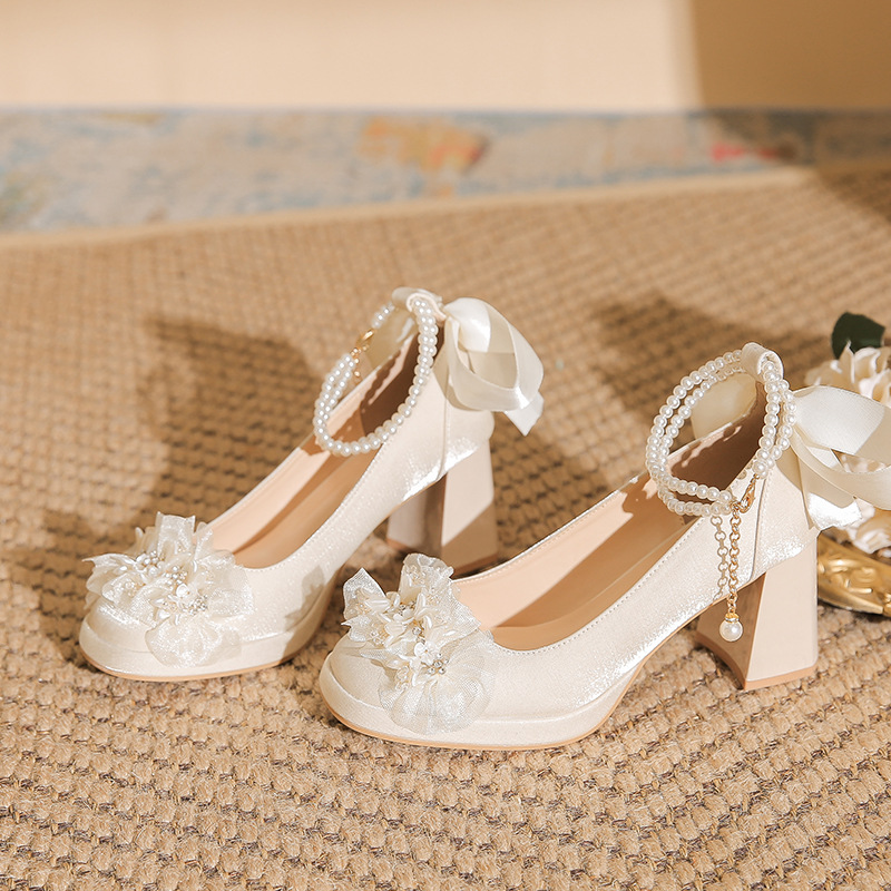 Satin Thick Heel High Heels for Women 18-Year-Old Coming-Of-Age Ceremony Mary Jane Xiuhe Wedding Dress Two-Wear Engagement Bride Shoes Bridesmaid Shoes