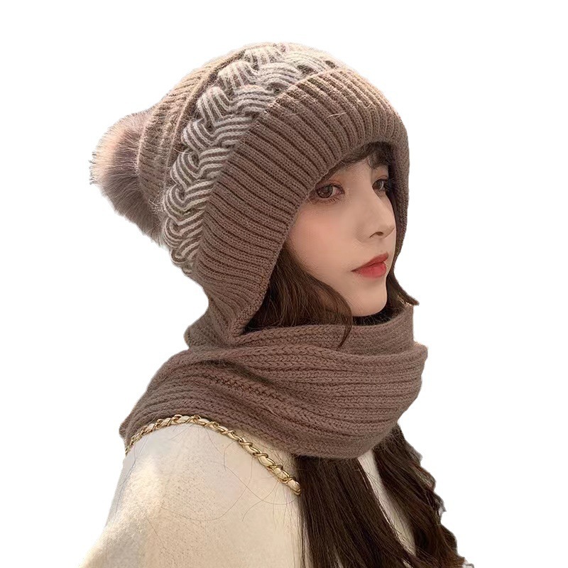 Picture of Hat women's winter Korean-style fashion wool hat winter versatile warm thickened ear protection knitted hat scarf integrated