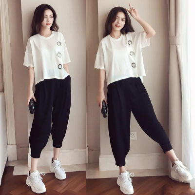 2022 Large Size Women's Clothing Chubby Girl Pants Set Summer New Arrival Loose Slim Belly Covering Short-sleeved T-shirt Harem Pants Two-piece Set