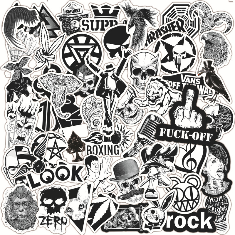 50 pieces Black and White Rock graffiti stickers scooter helmet water Cup trolley case waterproof decorative stickers wholesale
