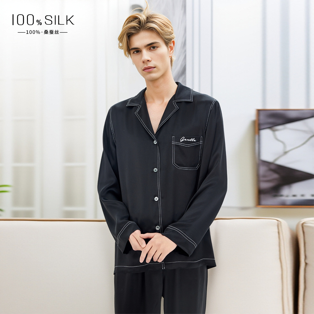 2025 Spring and Autumn New Style 19 Momme Heavy Silk Pajamas for Men 100% Mulberry Silk Can Be Worn Outside Homewear Set
