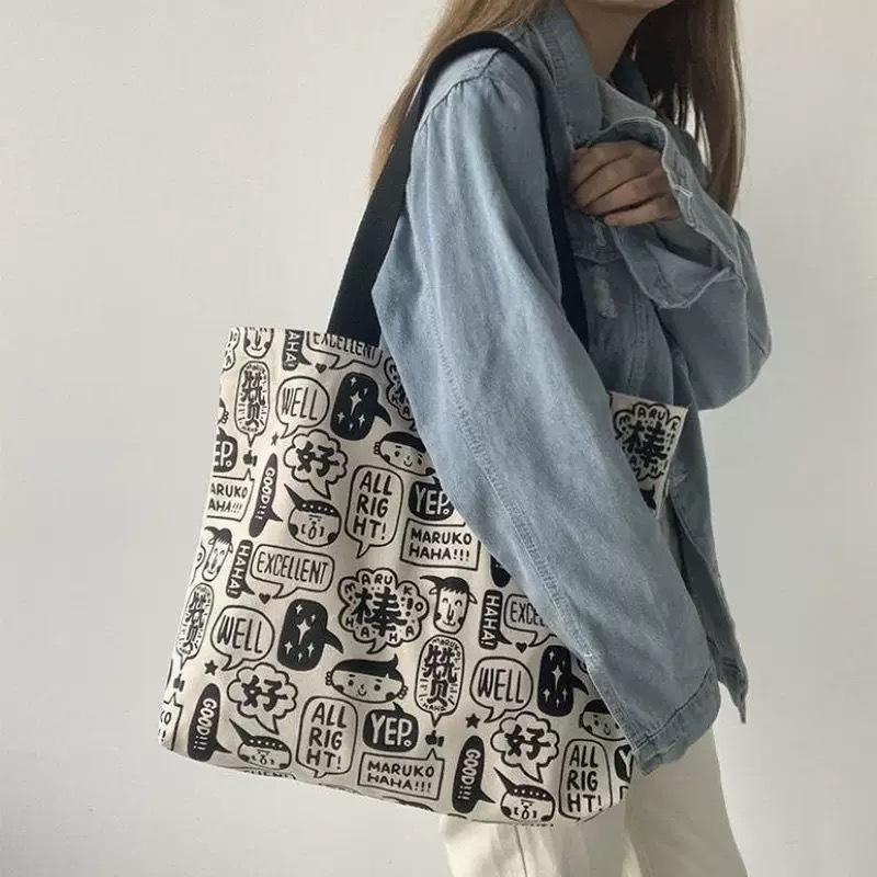 Picture of Cartoon Illustration Ins Canvas Bag Large Capacity Japanese and Korean Niche Canvas Bag Fresh Style Women's Shoulder Portable Casual Bag