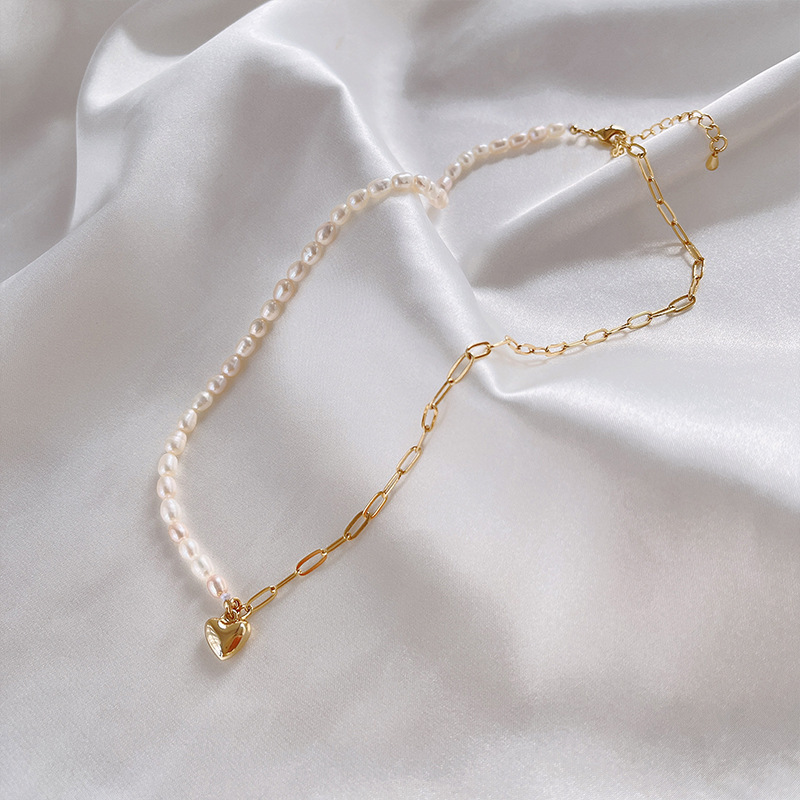 Picture of Natural Freshwater Pearl Necklace Women's Asymmetric Stitching Clavicle Chain Love Pendant Neck Chain Niche Design Sense Jewelry