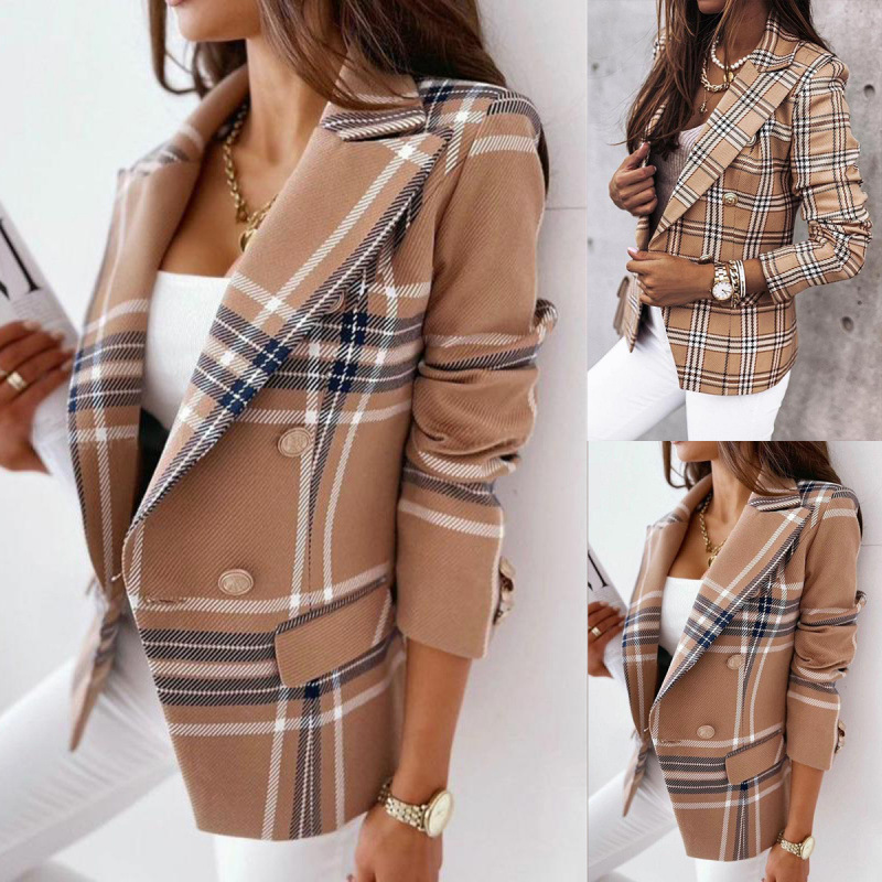 Foreign Trade AliExpress Cross-border 2024 Autumn and Winter New Long Sleeve Double-breasted Plaid Printed Suit Jacket
