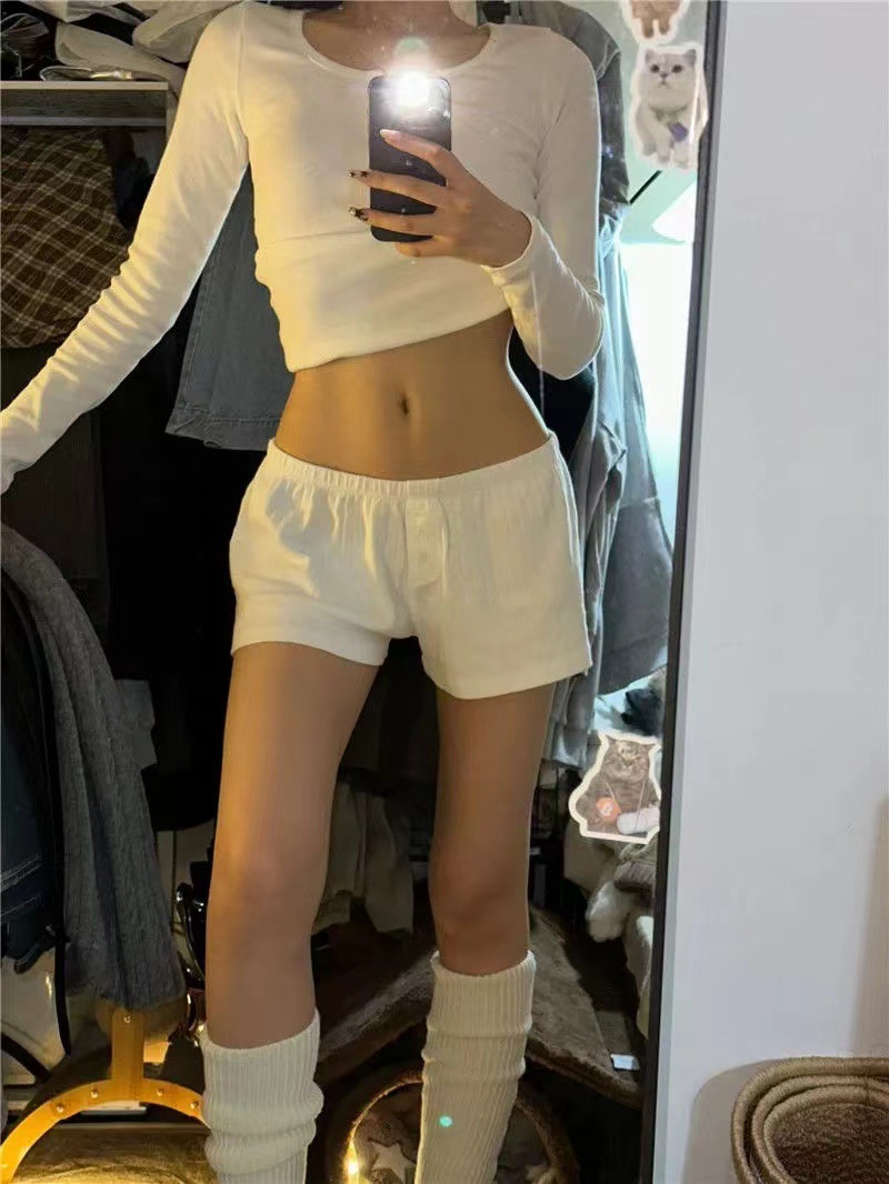Women's Solid Color Pure Cotton Three-Button Button Women's Elastic Tight High-Waist Hot Pants Boxer Briefs Are Energetic and Comfortable