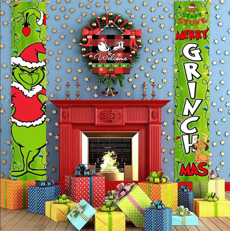 Cross-border source 2023 new Christmas green ghost elf props porch flag New Year Christmas shopping mall door