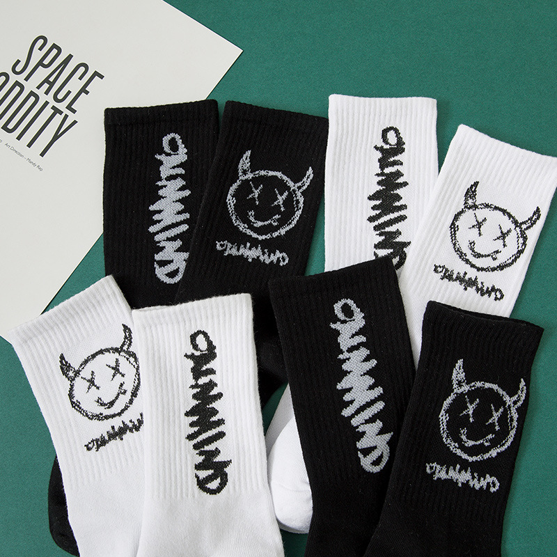 Picture of Distinctive Left and Right Foot Hip Hop Socks Women's Ins Trendy Cotton Mid-Tube Socks Women's Trendy Black and White Sports Socks Autumn