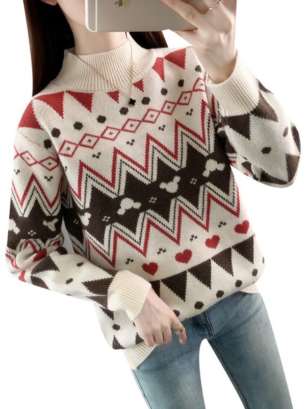 Picture of 2024 New Autumn and Winter Half Turtleneck Fleece-Lined Thickeneded Women's Sweater Fashionable Jacquard Contrast Color Knitted Bottoming Shirt