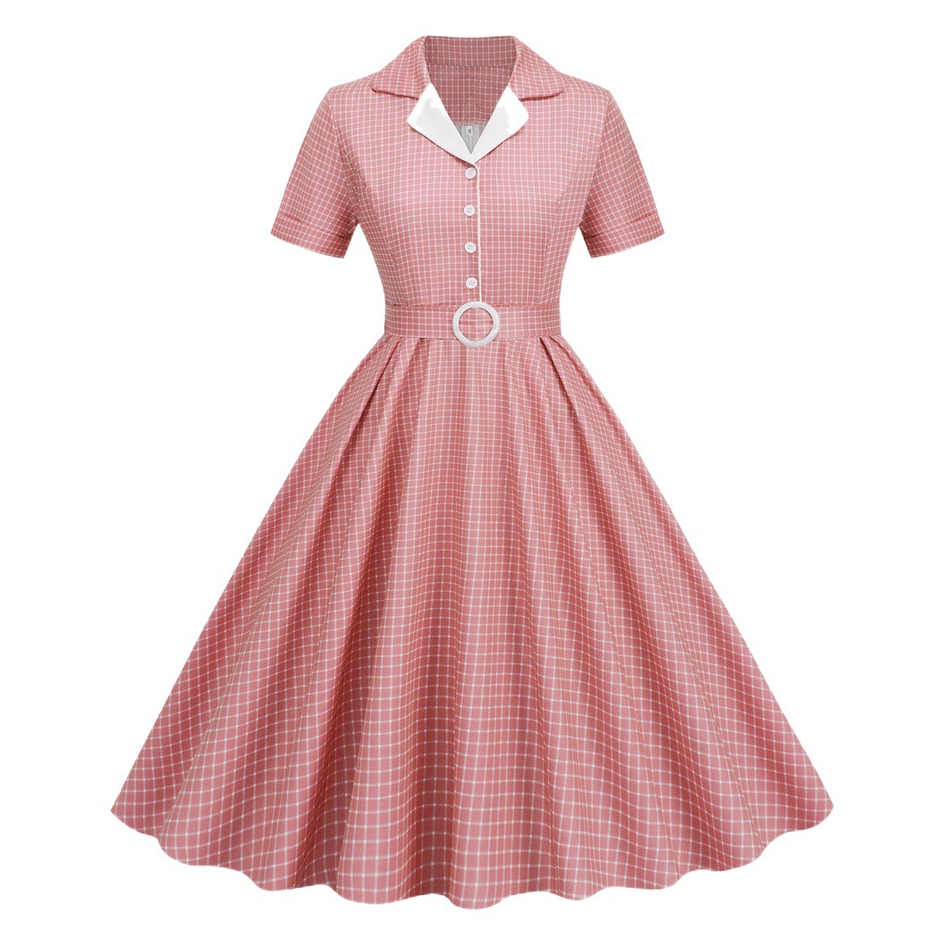 Factory supply 2023 temperament women's contrast color suit collar cardigan belt slim vintage dress