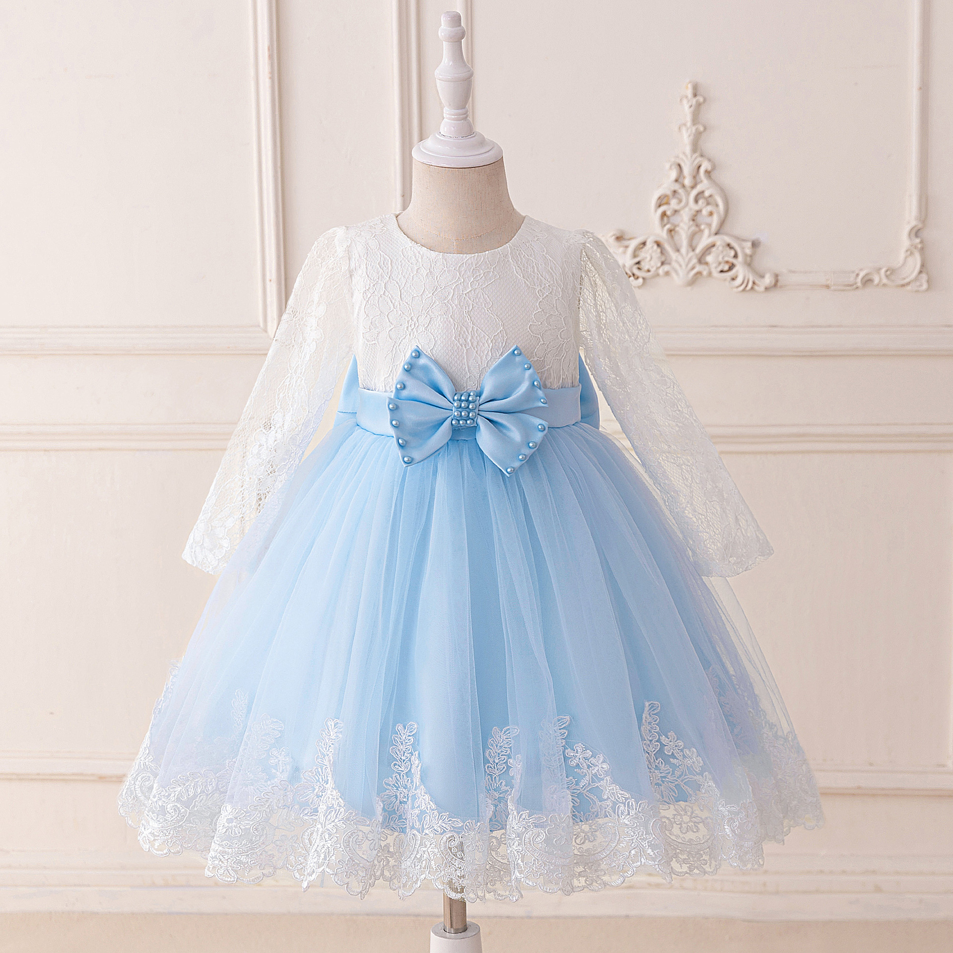Cross-Border New Middle-Aged Children's Dress Long-Sleeved Flower Girl Tutu Skirt Bow Mesh Wedding Dress Mesh Cake Skirt