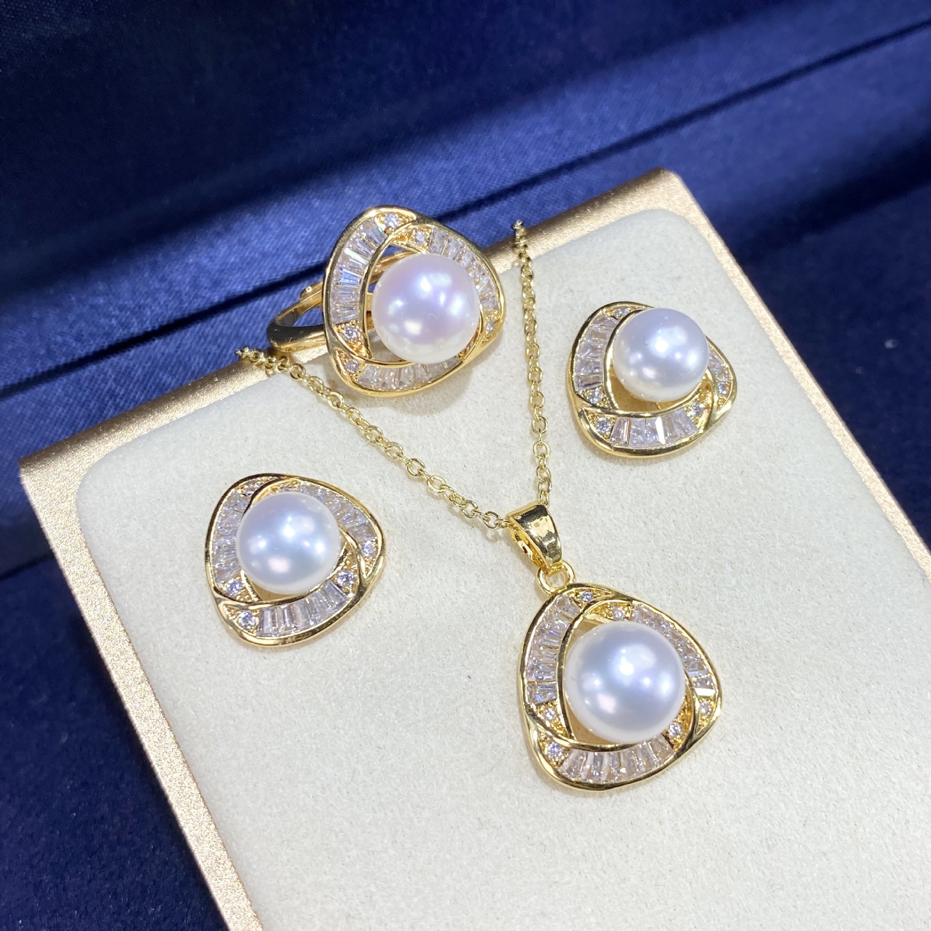 2025 New Freshwater Pearl Set Women's Triangular Zircon Ring Earrings Pendant Strong Light S925 Silver Ear Needles