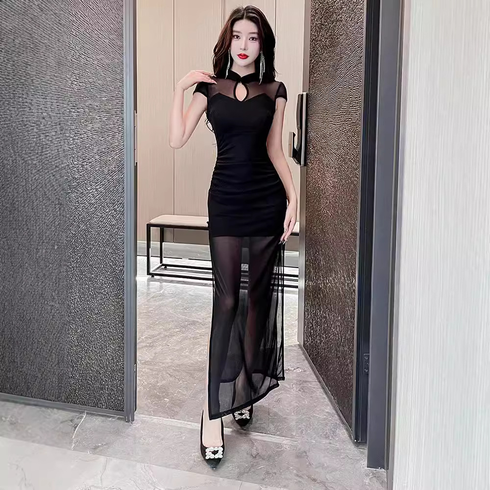 Mother's Skirt Pure Desire Hip Skirt 2025 Summer Improved Sexy Cheongsam Retro Mesh Slimming Look Nightclub Sexy Long Skirt