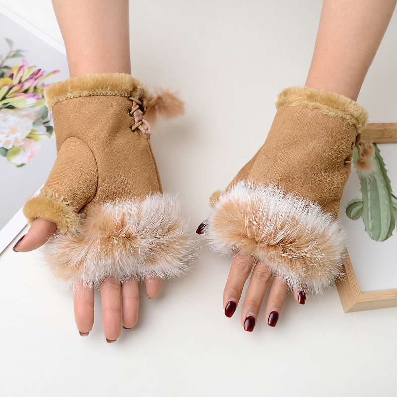 Picture of Factory sales suede rabbit fur half finger gloves women winter gloves warm gloves computer gloves wholesale
