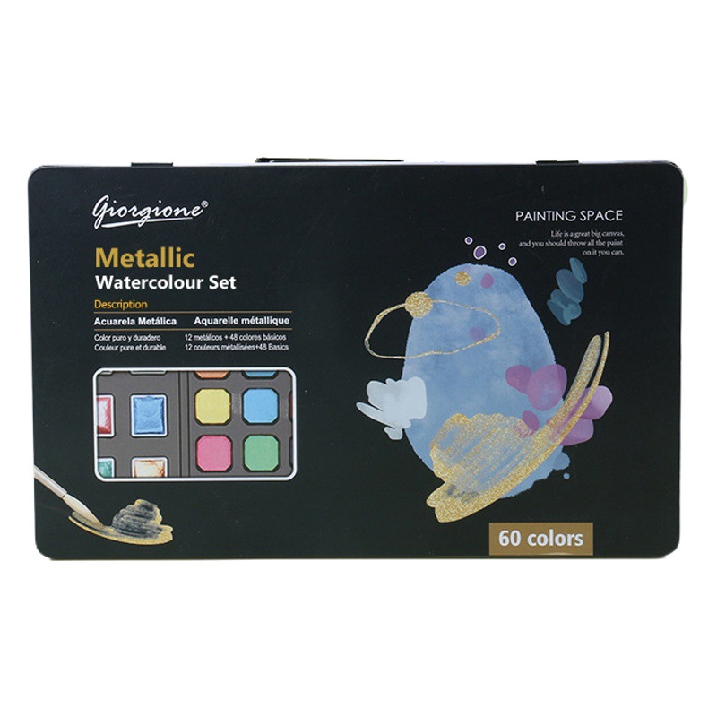Single-horned deer solid watercolor paint suit 60 color pearlescent beginner tool portable iron box cross-border 10 piece set