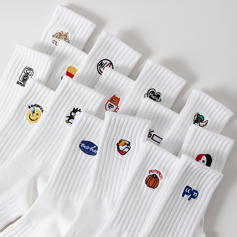 White socks men's mid-calf socks cotton cartoon embroidered cotton socks Spring and Autumn Winter long Sports men's socks ins fashion brand
