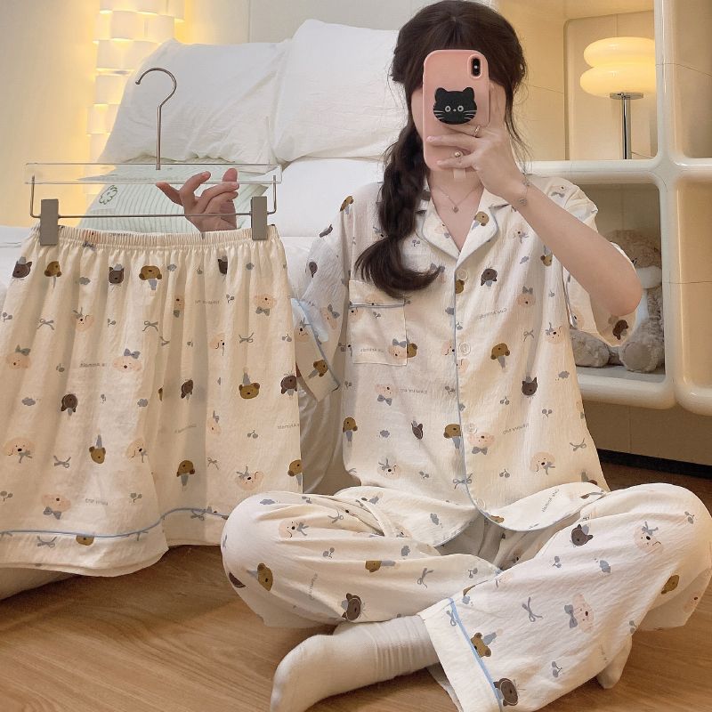 Cute Dog Long-sleeved Pajamas Women's Spring and Autumn Summer Clouds Cotton Short-sleeved Trousers Three-piece Suit Cartoon Home Clothes