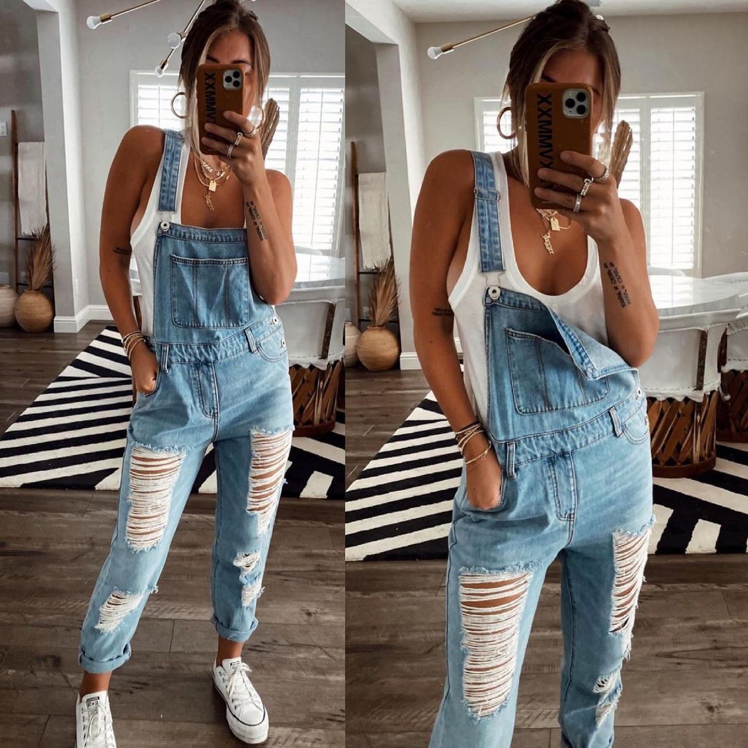 2021 European and American Amazon Wish New Hole Fashion One-piece Denim Strap Leggings