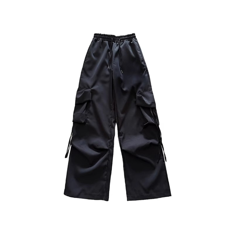 Picture of American Retro Niche Cargo Pants for Women with Stereo Flap Pocket Pantss, High-Waisted Straight Wide-Leg Ribbons, Loose Casual Floor-Length Pants