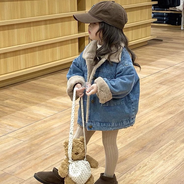 Korean Style Kidsren's Jacket 2024 Autumn and Winter New Unisex Gray Rabbit Lining Denim Warm Thickeneded Jacket Trendy