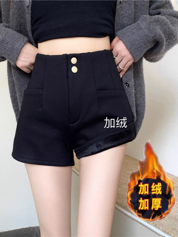 2025 New Spring fleece-lined Stretch Wide Leg Shorts Women's High Waist Black Slim A- line Pants Suit Outer Wear Boots Pants