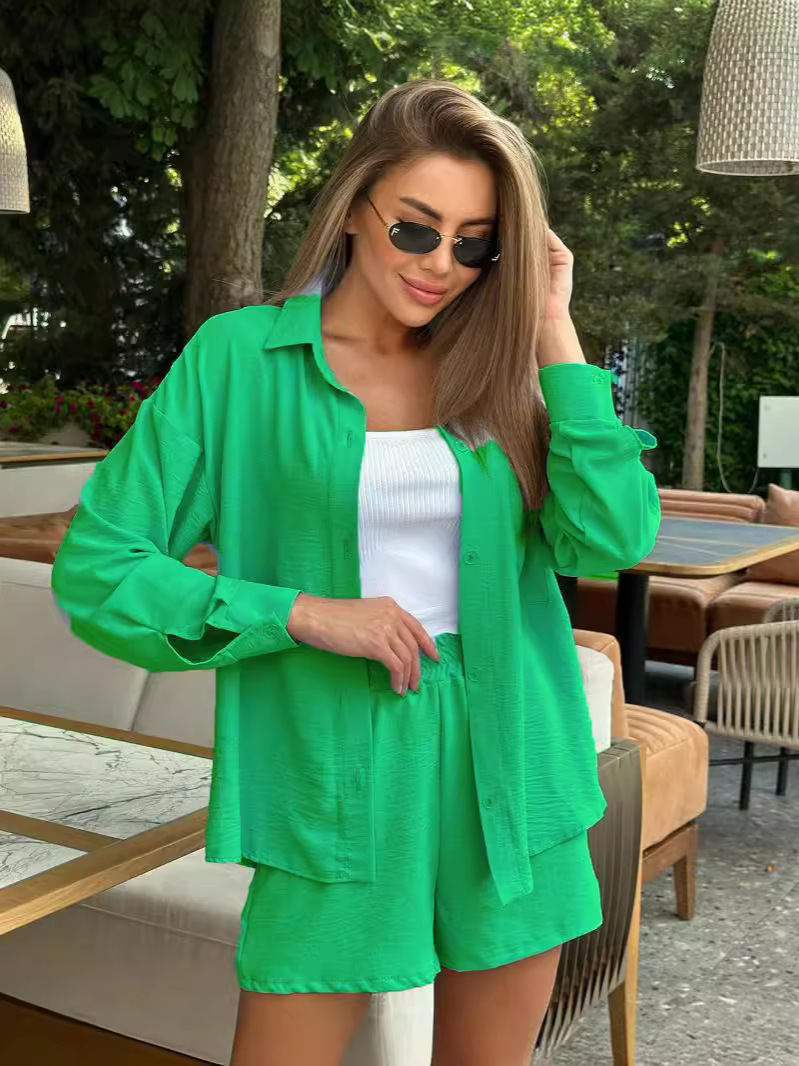 Cross-border 2025 Spring European and American suit Women Amazon Women's Long-sleeved Shorts Loose Casual Women's Two-piece Set