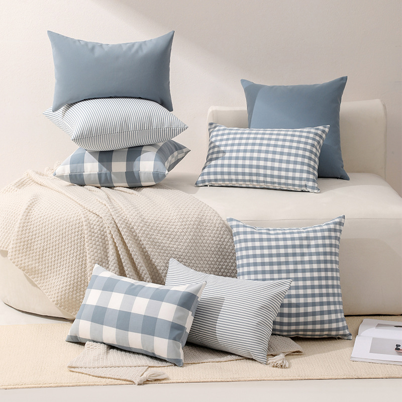 Home bedroom sofa cushion cover Blue Gray series Japanese small fresh polyester cotton plaid pillowcase manufacturers wholesale