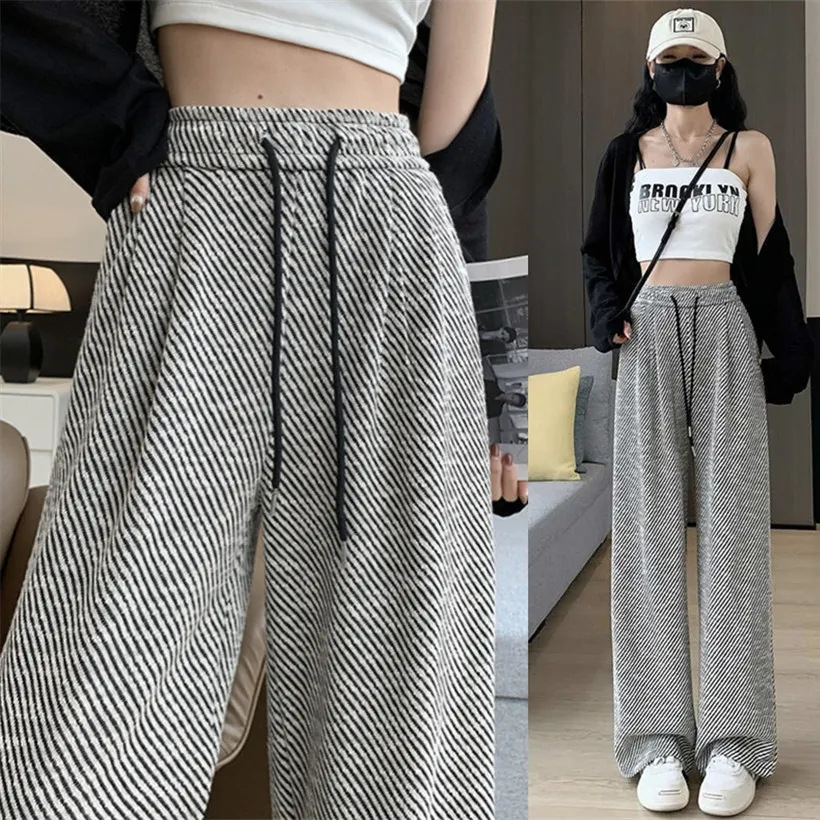Gray Style Twill Wide Leg Pants Women's 2024 New High Waist Dosing Slimming Straight Striped Lined Mop Pants