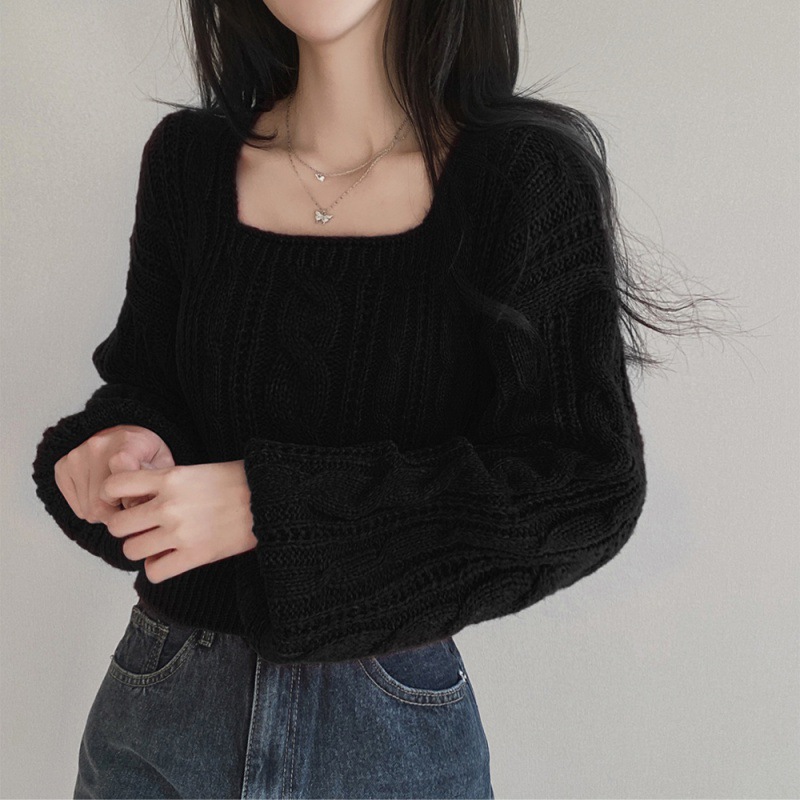 Picture of Korean style retro twist square collar pullover long sleeve sweater women's autumn and winter New loose short lazy style knitted top