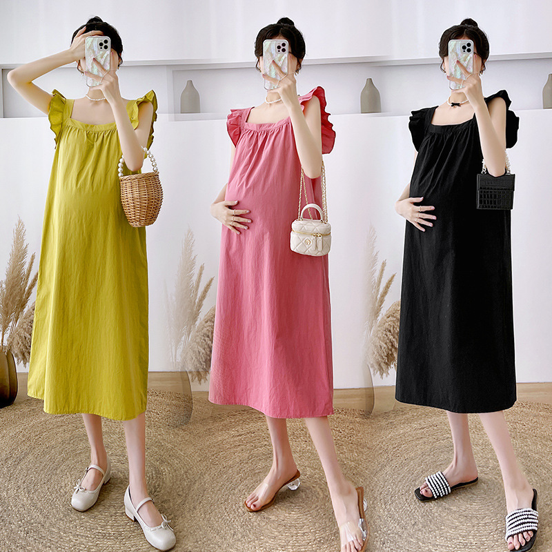 Maternity dress 2024 Summer New Small Flying Sleeve Design Sense Square Collar Stylish Fashion Pregnant Women dress Women