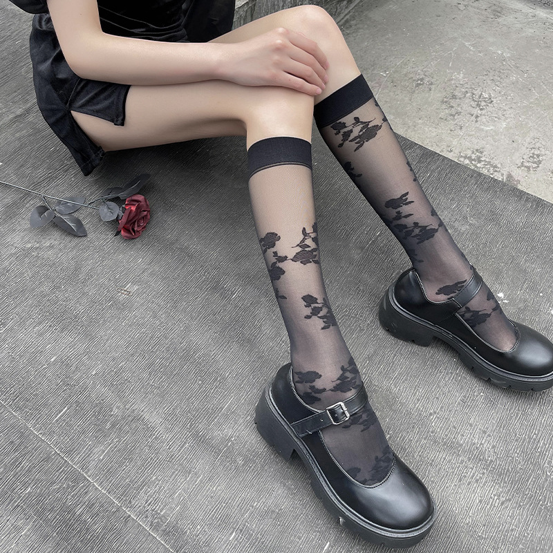 Picture of Silk stockings summer socks knee socks small polka dot half white half jk tide socks ins ladies black ultra-thin