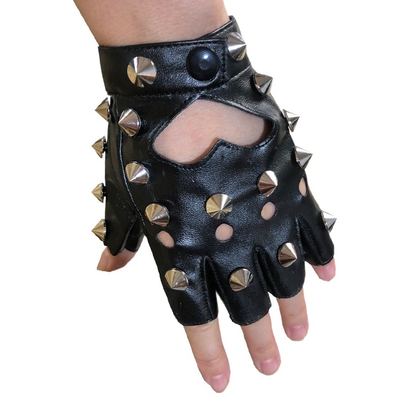 Half finger leather gloves men's and women's rivet Diamond dancing hip hop punk performance fashion cool photography gloves
